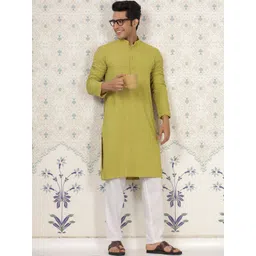 House of Pataudi Woven Design Mandarin Collar Chikankari Straight Kurta-image-35