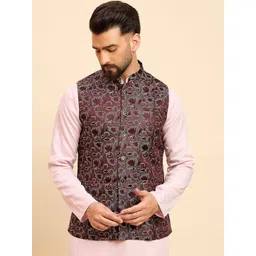 House of Pataudi Woven Design Mandarin Collar Nehru Jacket-picture-32