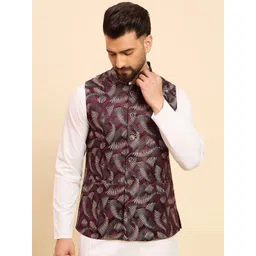 House of Pataudi Woven Design Mandarin Collar Nehru Jacket-picture-23