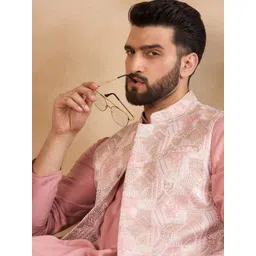 House of Pataudi Woven Design Mandarin Collar Nehru Jackets-image-23