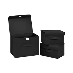 House of Quirk 3 Pack Foldable Storage Bin with Lid and Handle Versatile Storage Baskets Boxes for Toys Clothes Papers Books - Black-picture-42