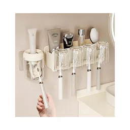 House of Quirk 4-Slot Toothbrush Rack Including 1 Toothpaste Squeezer 4 Mouthwash Cups Multi-Function Toothbrush Holder Punch-Free Toothpaste Holder Wall-Mounted Bathroom Storage Box-Cream-picture-10
