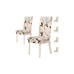 HOUSE OF QUIRK 6 Pcs Cream Colored & Brown Printed Stretchable Chair Covers-picture-34