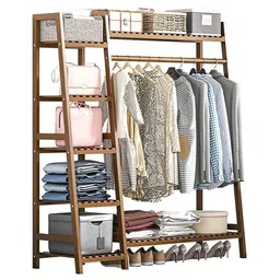 House of Quirk Bamboo Wood Garment Clothing Rack with 5 Tiers Storage Shelf Corner Hanging Rack (110x40x140cm, Tan)-picture-17