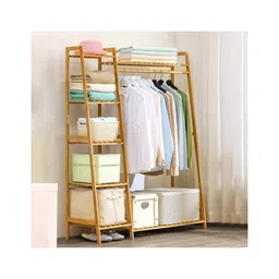 House of Quirk Bamboo Wood Garment Rack Clothing Rack with 5 Tiers Storage Shelf Corner Clothes Hanging Rack (Light Brown, 110CM) DIY Rack-picture-27