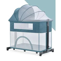 House of Quirk Bedside Baby Crib 4 in 1 Portable Folding Baby Bassinet with Mosquito Net Diaper Changing Station Travel Crib with 360 Swivel Wheels, Nursery Bed for Infant - Blue-picture-11
