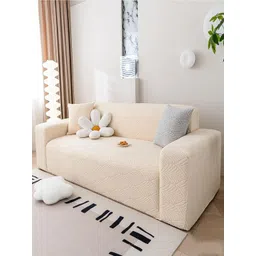 HOUSE OF QUIRK Beige Leaf Textured  Jacquard Flexible Stretch Single Seater Sofa Cover-picture-21