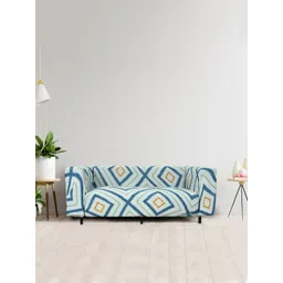HOUSE OF QUIRK Blue & Mustard-Yellow Printed 3-Seater Stretchable Non-Slip Sofa Slipcover-picture-22