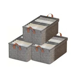 House of Quirk Durable Linen Closet Organizers and Foldable Flip Storage Baskets, Rectangle Storage Boxes for Pants, Shirt, Sweaters, Bra Panty, Socks (Pack 3, Dark Grey)-picture-25