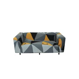 HOUSE OF QUIRK Grey & Orange Geometric Printed 3 Seater Stretchable Sofa Covers image 4