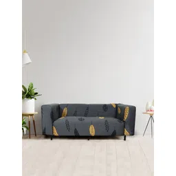 HOUSE OF QUIRK Grey Leaf 4-Seater Stretchable Non-Slip Sofa Cover-picture-14