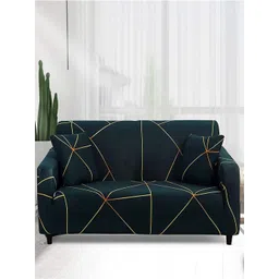 HOUSE OF QUIRK Three-Seater Green & Gold-Toned Polyester 1 Piece Sofa Cover with Arms-picture-27