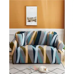 HOUSE OF QUIRK Three Seater Grey Melange & Blue Solid Polyester Sofa Cover With Arms-picture-17