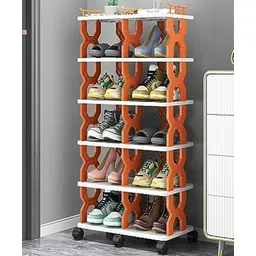 House of Quirk Universal Wheel Shoe Rack Shoe Cabinet Space-Saving Dormitory Bathroom Free Punching Balcony Door Storage Shoe Rack - 6Tier Orange-picture-26