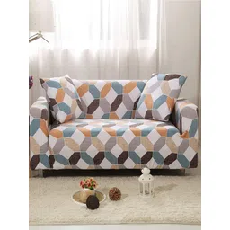 HOUSE OF QUIRK White & Blue Geometric Double Seater Elasticated Sofa Cover With Arms-picture-12