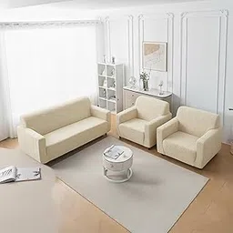 House of Quirk Premium Jacquard Fabric 220 GSM Sofa Cover – Soft, Stretchable Couch Slipcover, Flexible Fit for 5-Seater (3+1+1), Wrinkle-Resistant & Easy to Clean (Beige)-picture-18