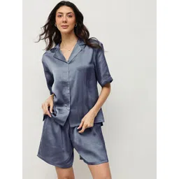 HOUSE OF S Mocha Lapel Collar Satin Shirt With Shorts-picture-28