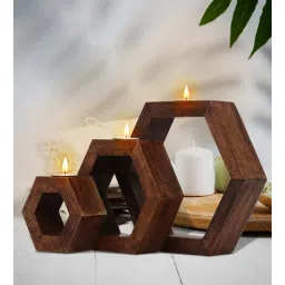house of sajja Hexagon Brown Wood Set Of 3 Table Tea Light Holder-picture-19
