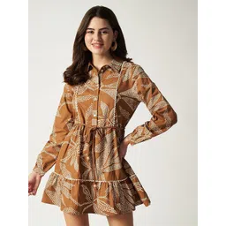 House of Sal Women Ethnic Motifs Printed Tie-Ups Shirt Collar Mocha Shirt Mini Dress-picture-20