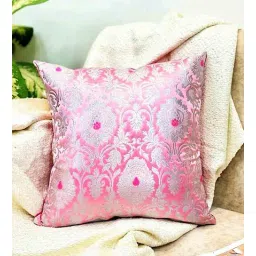 house of silko Pink Traditional Banarasi Brocade Silk 16 x 16 Inches Cushion Cover-picture-34