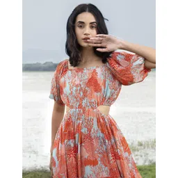 HOUSE OF SOI Floral Print Puff Sleeve Fit & Flare Midi Dress-picture-42
