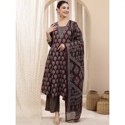 House Of Zelena Floral Printed Mirror Work Pure Cotton Maternity Kurta Palazzos & Dupatta-picture-30