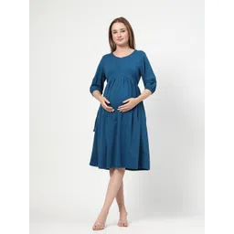 House Of Zelena Puff Sleeves Pleated Maternity Cotton Fit & Flare Dress-picture-50