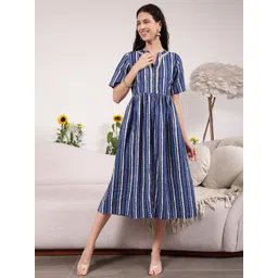 House Of Zelena Striped Mandarin Collar Maternity Fit & Flare Midi Dress-picture-46