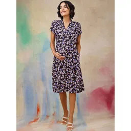 House Of Zelena Women Floral Printed Maternity Wrap Midi Dress-picture-22