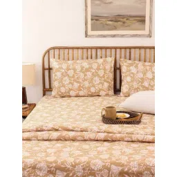 House This Genda Phool Beige & White Cotton 144 TC King Size Bedsheet With Pillow Covers-image-47