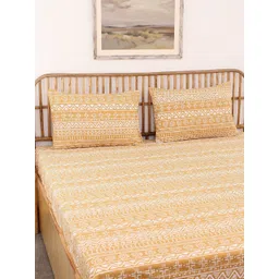 House This Kullu Patti Yellow Geometric Cotton 144 TC Single Bedsheet With 1 Pillow Cover-image-19
