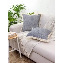 House This Set of 2 Blue & Cream Self Design Cotton Square Cushion Covers-picture-38