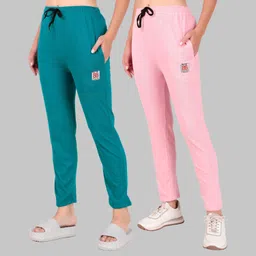 houseofcommon Pack of 2 Women Solid Green, Pink Track Pants-picture-23