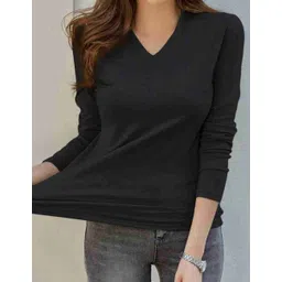 houseofcommon Women Solid V Neck Cotton Blend Black T-Shirt-picture-11