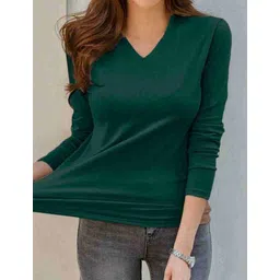 houseofcommon Women Solid V Neck Cotton Blend Black T-Shirt image 1