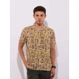 Hoversoul Beige Rayon Regular Fit Printed Short Sleeves Notched Lapel Shirt-picture-44