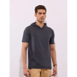 Hoversoul Grey Cotton Regular Fit Half Sleeves Hoodie with Kangaroo Pocket-picture-12