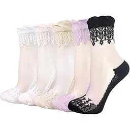hrbs Women's Ultra-Thin Transparent Lace Elastic Short Ankle Socks- Any 2 colors (Pack of 2 Pairs) Ankle Length Summer Cotton Base Net Socks for Womens/Girls/Ladies-picture-28