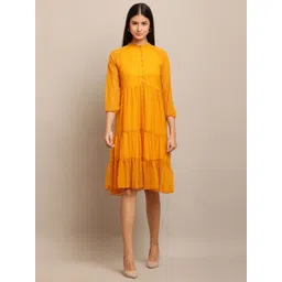 Hrikshika Fashion Women Mustard Georgette Mandarin Collar Fashion A-Line Dress-picture-25