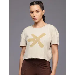 hrx by hrithik roshan Women Printed Round Neck Pure Cotton Beige T-Shirt-picture-22