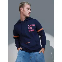 Hubberholme Navy Blue Cotton Regular Fit Printed Hooded Sweatshirt-image-0