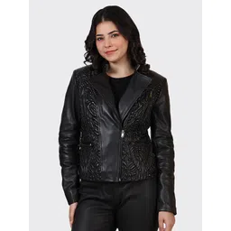 HUE & HIDE Women Lapel Collar Floral Self Design Biker Leather Jacket-picture-14