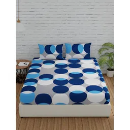 Huesland Blue & White Geometric 144 TC Single Bedsheet with 1 Pillow Covers-picture-16