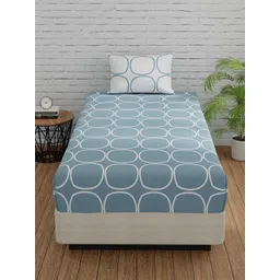 Huesland Blue & White Geometric Cotton 144 TC Single Bedsheet With 2 Pillow Covers-picture-37