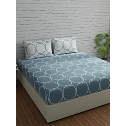 Huesland Blue & White Geometric Printed 144 TC Cotton King Bedsheet with 2 Pillow Covers-picture-12