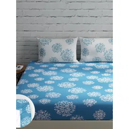 Huesland Blue Floral Printed Cotton 144 TC King Fitted Bedsheet With 2 Pillow Covers-picture-26