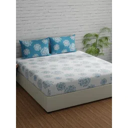 Huesland Comfort White & Blue Printed 144 TC Cotton King Bedsheet & 2 Pillow Covers-picture-33