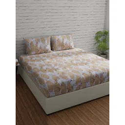 Huesland Comfort White & Brown Printed 144 TC Cotton Queen Bedsheet & 2 Pillow Covers-picture-31