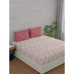 Huesland Comfort White & Peach Geometric 144 TC Cotton King Bedsheet & 2 Pillow Covers-picture-36