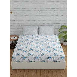 Huesland Grey & White Floral Printed Cotton 144 TC Queen Bedsheet with 2 Pillow Covers-image-35